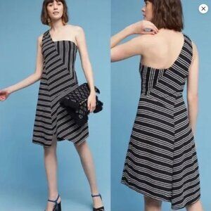 Maeve Dress Womens Small Black White Stripe Asymmetrical One Shoulder A Line